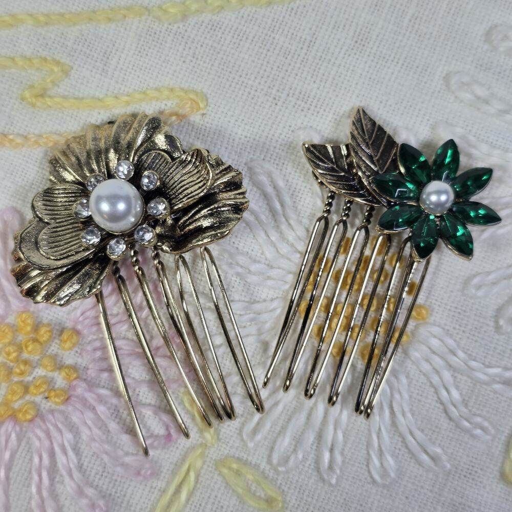 Gold Tone Floral Hair Pins Green Rhinestone Faux Pearl Bridal Wedding Lot of 2